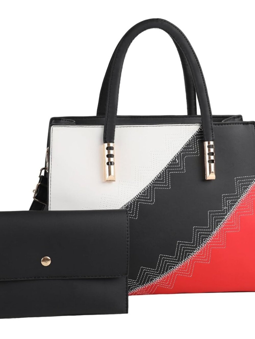 Women Fashion Handbags Color Block Top Handle Tote Satchel Crossbody Bag 2pcs Se